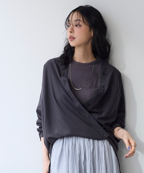 SMILE LAND（スマイルランド）の「【美極シャツ】オーバーサイズ２WAYシャツ＜大きいサイズ有＞（シャツ/ブラウス・レディース・ベージュ/サーモンピンク/チャコール/サックスブルー・5L/4L/3L/LL/L）」の12枚目の写真