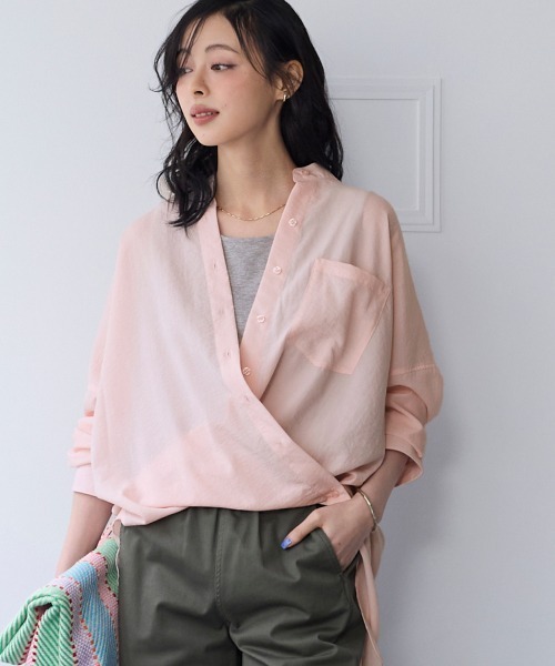 SMILE LAND（スマイルランド）の「【美極シャツ】オーバーサイズ２WAYシャツ＜大きいサイズ有＞（シャツ/ブラウス・レディース・ベージュ/サーモンピンク/チャコール/サックスブルー・5L/4L/3L/LL/L）」の7枚目の写真