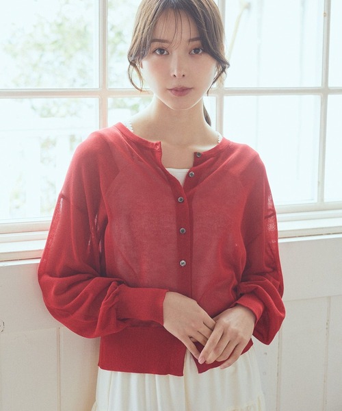 earth music&ecology（アースミュージックアンドエコロジー）の「接触冷感シアークルーニットカーディガン（カーディガン/ボレロ・レディース・アイボリー/ネイビー/ブルー/レッド/ブラック/杢グレー・FREE）」の6枚目の写真