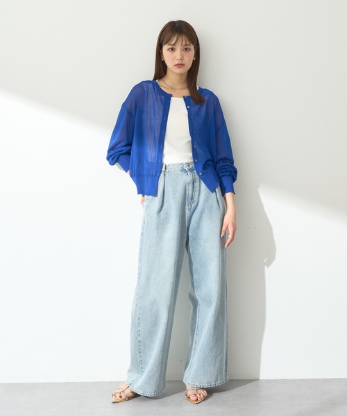 earth music&ecology（アースミュージックアンドエコロジー）の「接触冷感シアークルーニットカーディガン（カーディガン/ボレロ・レディース・アイボリー/ネイビー/ブルー/レッド/ブラック/杢グレー・FREE）」の11枚目の写真