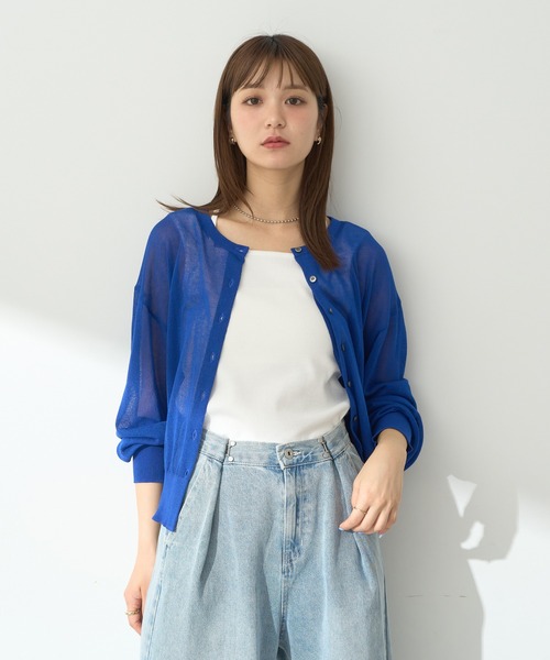 earth music&ecology（アースミュージックアンドエコロジー）の「接触冷感シアークルーニットカーディガン（カーディガン/ボレロ・レディース・アイボリー/ネイビー/ブルー/レッド/ブラック/杢グレー・FREE）」の7枚目の写真