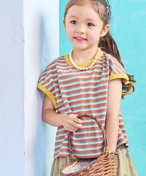 MARKEY'S（マーキーズ）の「先染めボーダーリンガーTシャツ（Tシャツ/カットソー・キッズ・ブラウン/オフホワイト/ライトピンク・100/110/95/90/150/140/130/120/80）」の2枚目の写真