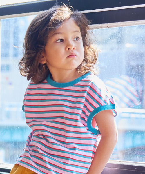 MARKEY'S（マーキーズ）の「先染めボーダーリンガーTシャツ（Tシャツ/カットソー・キッズ・ブラウン/オフホワイト/ライトピンク・100/110/95/90/150/140/130/120/80）」の3枚目の写真