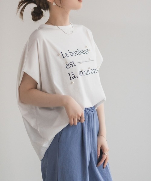 HusHusH(ハッシュアッシュ)の「HusHusH パール使いプリントドルマンTシャツ(Tシャツ/カットソー・レディース・オフホワイト/チャコールグレー/ベージュ・M/L)」の6枚目の写真