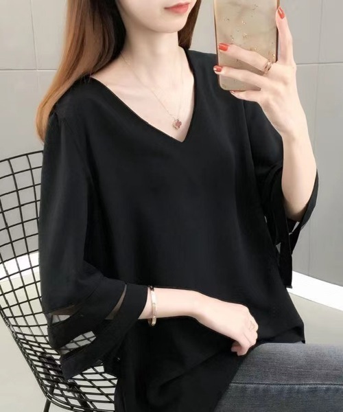 Beststore(ベストストア)の「フレア袖 シフォン ブラウス 深Vネック ゆったり(シャツ/ブラウス・レディース・ホワイト/ブラック/ネイビー・FREE)」の20枚目の写真