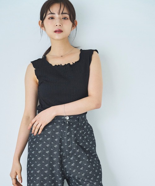 mil（ミル）の「カット楊柳 メロウタンクトップ（Tシャツ/カットソー・レディース・オフホワイト/ブラック・ONE SIZE）」の4枚目の写真