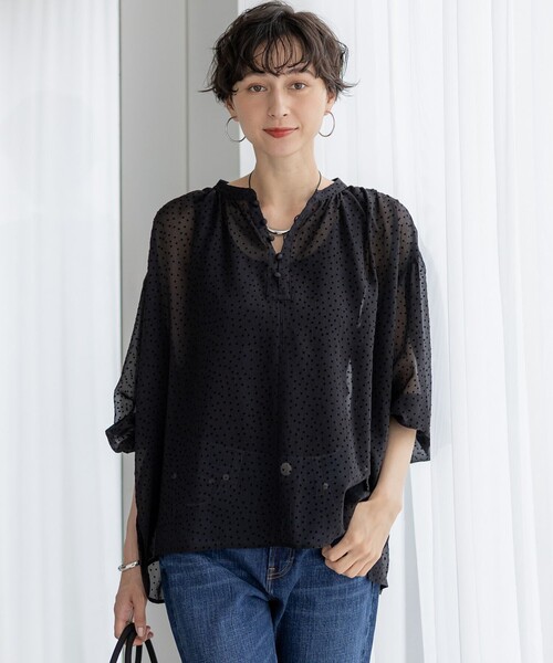 セール】【洗える】ドットフロッキー ボリュームスリーブ ブラウス