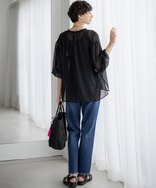 セール】【洗える】ドットフロッキー ボリュームスリーブ ブラウス