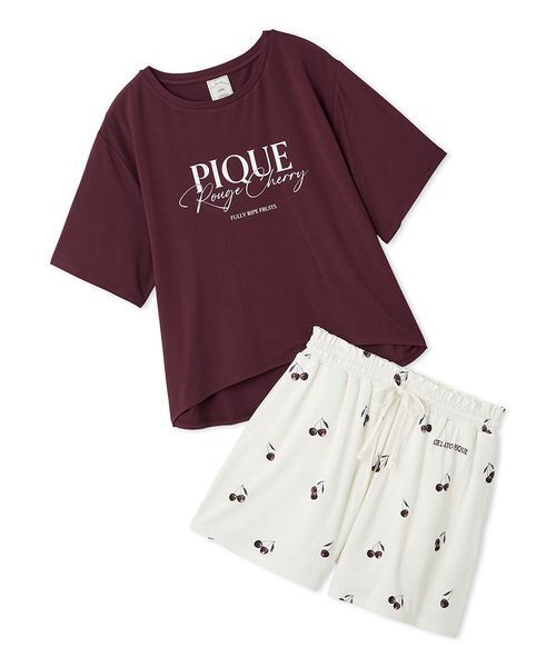 【新品】ジェラートピケ接触冷感ルージュチェリーレーヨンロゴTシャツショートパンツ 接触冷感】ルージュチェリーレーヨンロゴTシャツ(カットソー・T