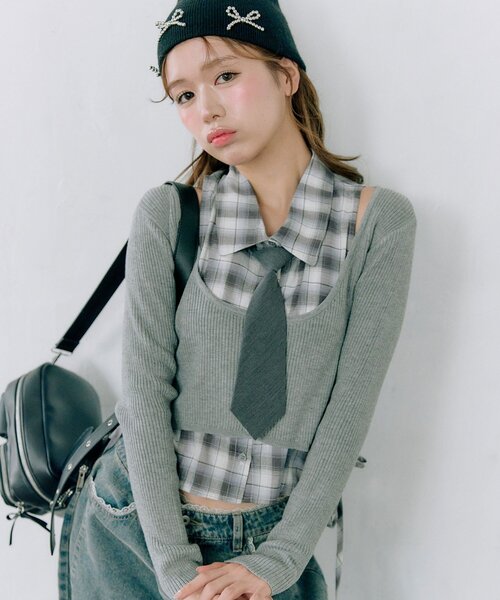 OLIVE des OLIVE（オリーブデオリーブ）の「【着回し自由なSETアイテム！】ノースリシャツ×ニットカーデセット（カーディガン/ボレロ・レディース・ブラック/ブラウン/トップグレー・FREE）」の6枚目の写真