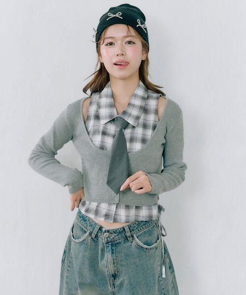 OLIVE des OLIVE（オリーブデオリーブ）の「【着回し自由なSETアイテム！】ノースリシャツ×ニットカーデセット（カーディガン/ボレロ・レディース・ブラック/ブラウン/トップグレー・FREE）」の7枚目の写真