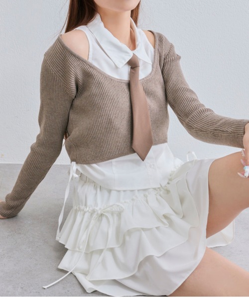 OLIVE des OLIVE（オリーブデオリーブ）の「【着回し自由なSETアイテム！】ノースリシャツ×ニットカーデセット（カーディガン/ボレロ・レディース・ブラック/ブラウン/トップグレー・FREE）」の3枚目の写真