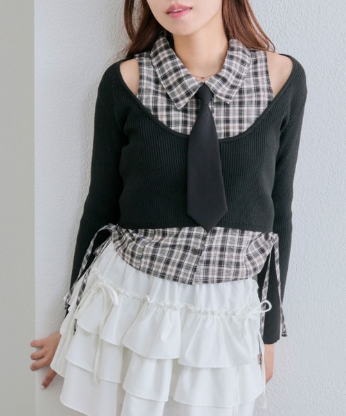 OLIVE des OLIVE（オリーブデオリーブ）の「【着回し自由なSETアイテム！】ノースリシャツ×ニットカーデセット（カーディガン/ボレロ・レディース・ブラック/ブラウン/トップグレー・FREE）」の2枚目の写真