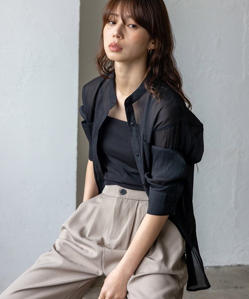 No Rule No Line(ノール-ルノーライン)の「シアーバンドカラーシャツ(シャツ/ブラウス・レディース・ライトブルー/ブラック/ホワイト・FREE)」の3枚目の写真