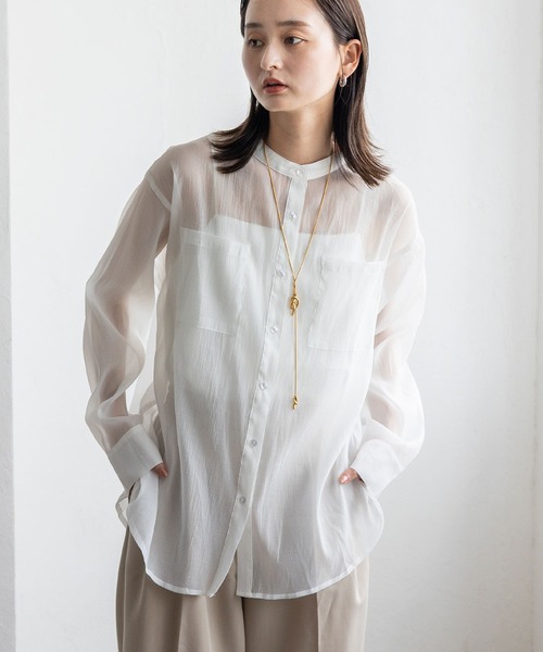 No Rule No Line(ノール-ルノーライン)の「シアーバンドカラーシャツ(シャツ/ブラウス・レディース・ライトブルー/ブラック/ホワイト・FREE)」の9枚目の写真