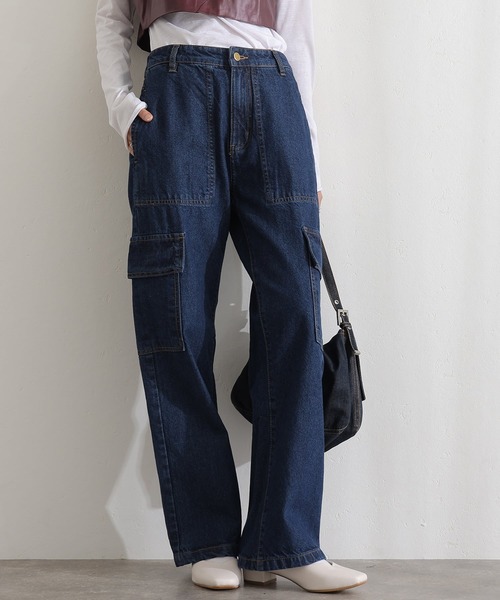 ElegChic(エレグシック)の「ヴィンテージ風ポケット加工カーゴパンツ(デニムパンツ・レディース・ネイビー/ブルー/ネイビー系・M/L/XL/XXL/4L)」の2枚目の写真