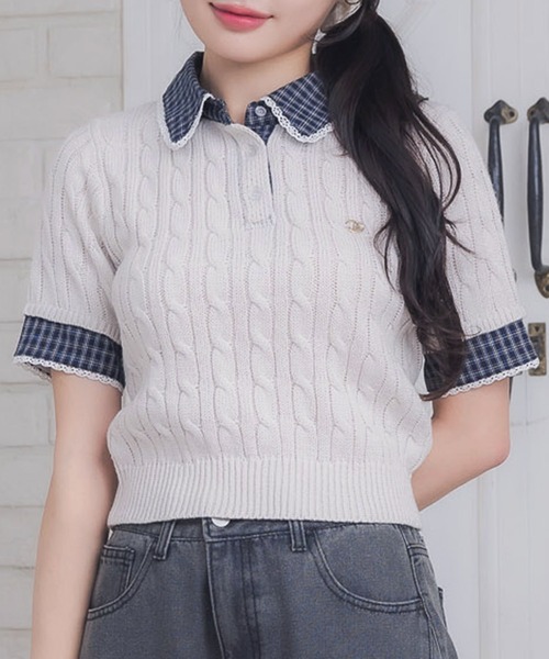 ems excite(エムズエキサイト)の「チェックSHドッキングNTPO(ニット/セーター・レディース・ブラウン/ダークブルー/ナチュラル/ダークグリーン・FREE)」の2枚目の写真