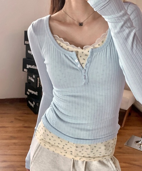 HALEY PESCA(ヘーリーペスカ)の「HALEY PESCA/ヘンリーネック 花柄レイヤードトップス(Tシャツ/カットソー・レディース・アイボリー/ピンク/ネイビー/ブルー・SMALL/MEDIUM)」の11枚目の写真
