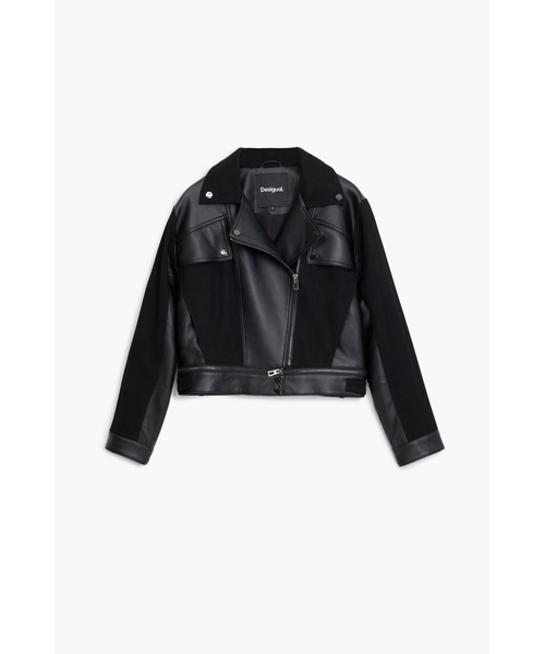 セール】グランジロック ニット切り替え レザー風バイカージャケット