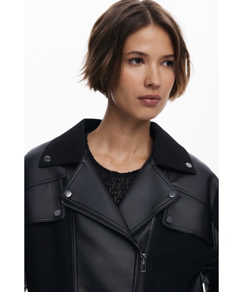 グランジロック ニット切り替え レザー風バイカージャケット