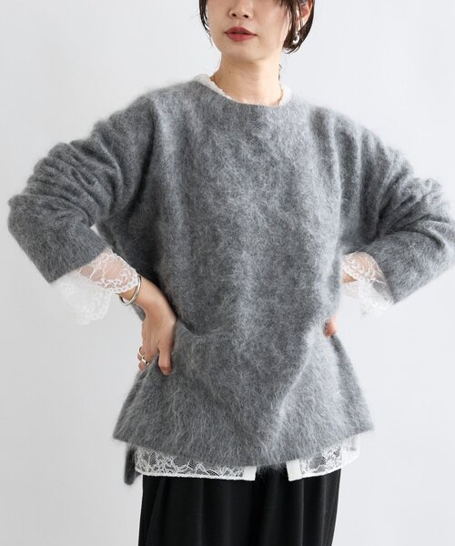 セール】【ヘアリーな質感】起毛ウールサイドスリットニット（ニット