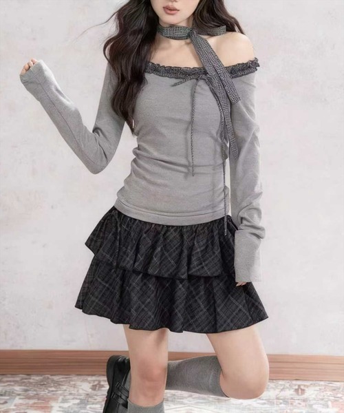 STAY MOTION（ステイモーション）の「【WEB限定】インパン付き二段フリルチェック柄ミニスカート［韓国ファッション ガーリー］（スカート・レディース・ネイビー/チャコールグレー・S/M）」の12枚目の写真