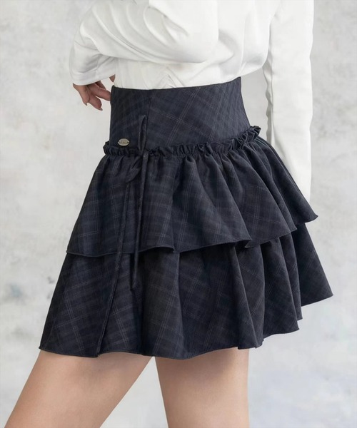 STAY MOTION（ステイモーション）の「【WEB限定】インパン付き二段フリルチェック柄ミニスカート［韓国ファッション ガーリー］（スカート・レディース・ネイビー/チャコールグレー・S/M）」の11枚目の写真