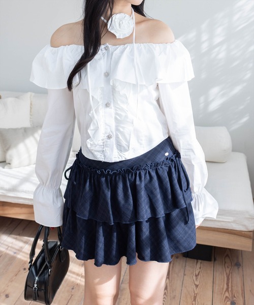 STAY MOTION（ステイモーション）の「【WEB限定】インパン付き二段フリルチェック柄ミニスカート［韓国ファッション ガーリー］（スカート・レディース・ネイビー/チャコールグレー・S/M）」の7枚目の写真