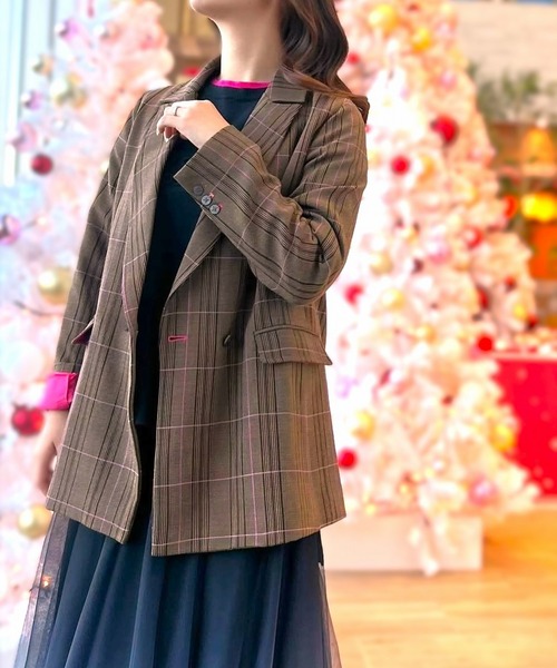ブラウン系チェック ダブルブレストジャケット ダブルブレストチェック