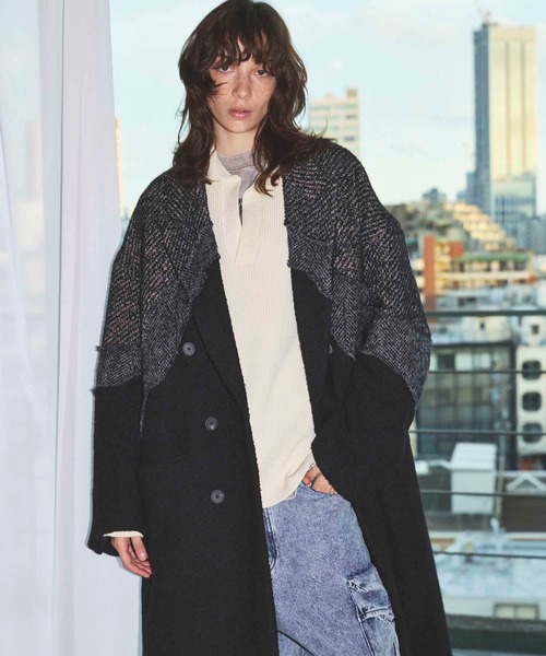 MAISON SPECIAL(メゾンスペシャル)の「《UNISEX》Zigzag Different Material Docking Prime-Over Coat/ジグザグプライムオーバー異素材切替コート【MAISON SPECIAL/メゾンスペシャル】(チェスターコート・メンズ・ブラック・2/1/0)」の18枚目の写真