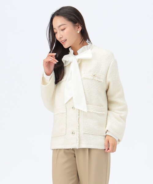 セレモニー・ハレの日】フリンジ ツイード ジャケット（ノーカラー