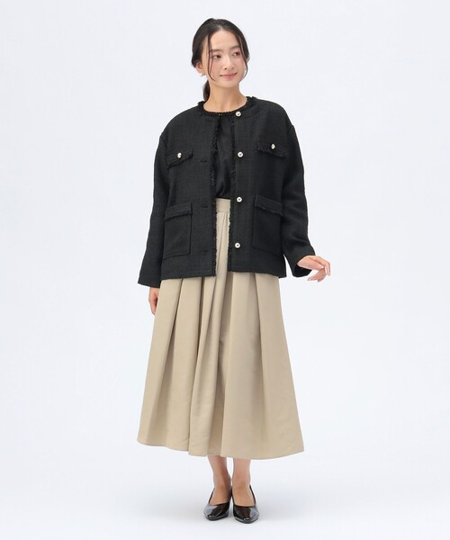 セレモニー・ハレの日】フリンジ ツイード ジャケット（ノーカラー