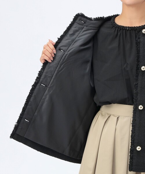 セレモニー・ハレの日】フリンジ ツイード ジャケット（ノーカラー