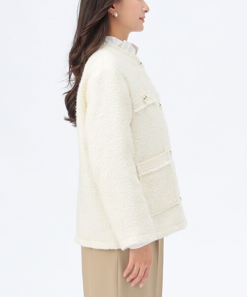 セレモニー・ハレの日】フリンジ ツイード ジャケット（ノーカラー