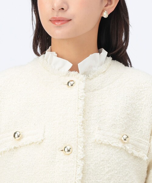 セレモニー・ハレの日】フリンジ ツイード ジャケット（ノーカラー