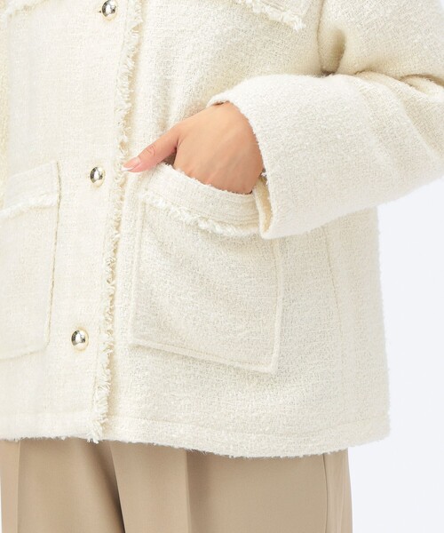 BEAMS HEART（ビームスハート）の「【セレモニー・ハレの日】フリンジ ツイード ジャケット（ノーカラージャケット・レディース・オフホワイト/ブラック・FREE）」の5枚目の写真