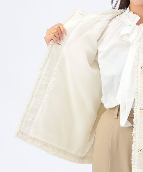 セレモニー・ハレの日】フリンジ ツイード ジャケット（ノーカラー