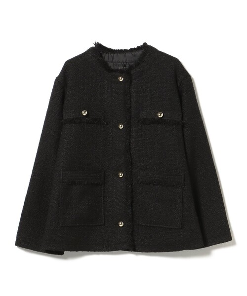 セレモニー・ハレの日】フリンジ ツイード ジャケット（ノーカラー
