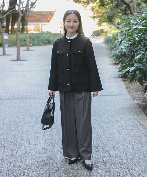 セレモニー・ハレの日】フリンジ ツイード ジャケット（ノーカラー