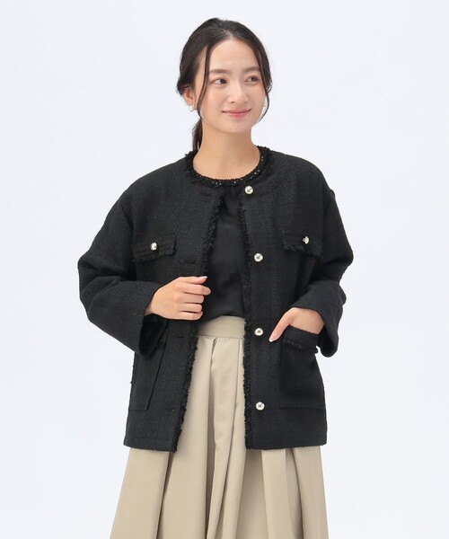 セレモニー・ハレの日】フリンジ ツイード ジャケット（ノーカラー