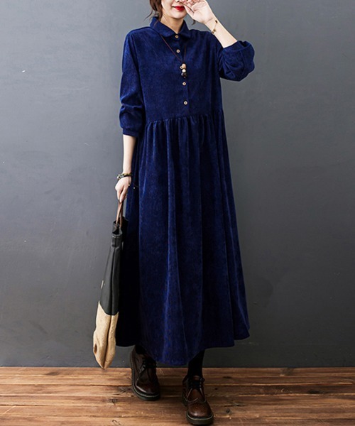 SallyLunn(サリーラン)の「コーデュロイシャツワンピース(ワンピース・レディース・ネイビー/ブラック・L/M)」の4枚目の写真