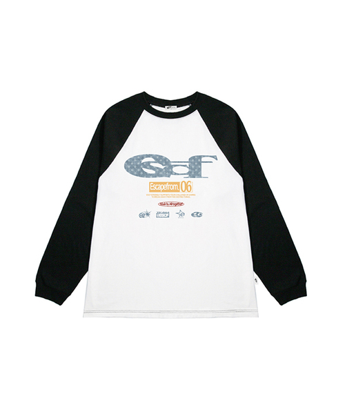 ESCAPEFROM（エスケープフロム）の「ブルースター デニム ESCFロゴ コラージュプリント ロングスリーブ [3色]（Tシャツ/カットソー・レディース・ホワイト/ブラック/ブラック×ホワイト・MEDIUM/LARGE/SMALL）」の3枚目の写真