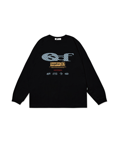 ESCAPEFROM（エスケープフロム）の「ブルースター デニム ESCFロゴ コラージュプリント ロングスリーブ [3色]（Tシャツ/カットソー・レディース・ホワイト/ブラック/ブラック×ホワイト・MEDIUM/LARGE/SMALL）」の2枚目の写真