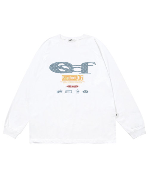 ESCAPEFROM（エスケープフロム）の「ブルースター デニム ESCFロゴ コラージュプリント ロングスリーブ [3色]（Tシャツ/カットソー・レディース・ホワイト/ブラック/ブラック×ホワイト・MEDIUM/LARGE/SMALL）」の4枚目の写真