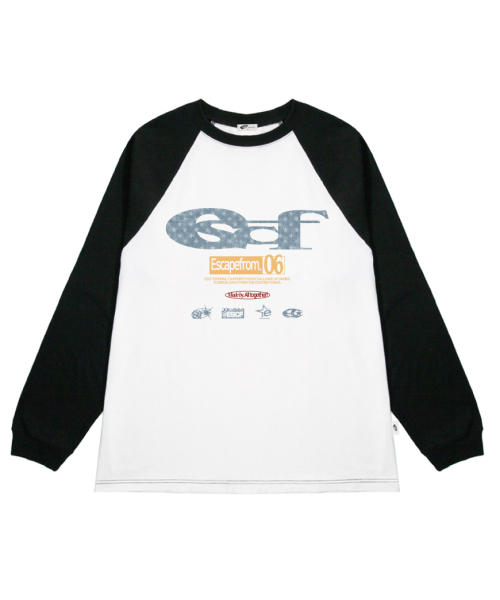 ESCAPEFROM（エスケープフロム）の「ブルースター デニム ESCFロゴ コラージュプリント ロングスリーブ [3色]（Tシャツ/カットソー・レディース・ホワイト/ブラック/ブラック×ホワイト・MEDIUM/LARGE/SMALL）」の5枚目の写真