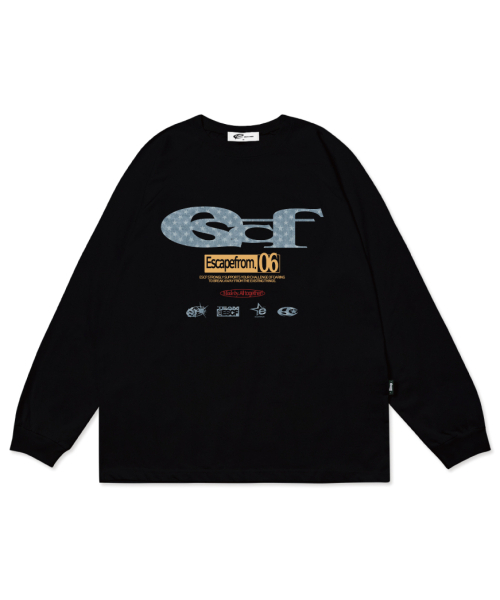ESCAPEFROM（エスケープフロム）の「ブルースター デニム ESCFロゴ コラージュプリント ロングスリーブ [3色]（Tシャツ/カットソー・レディース・ホワイト/ブラック/ブラック×ホワイト・MEDIUM/LARGE/SMALL）」の6枚目の写真