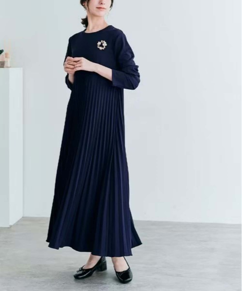 セール】プリーツ加工 切り替えロングワンピース（ワンピース