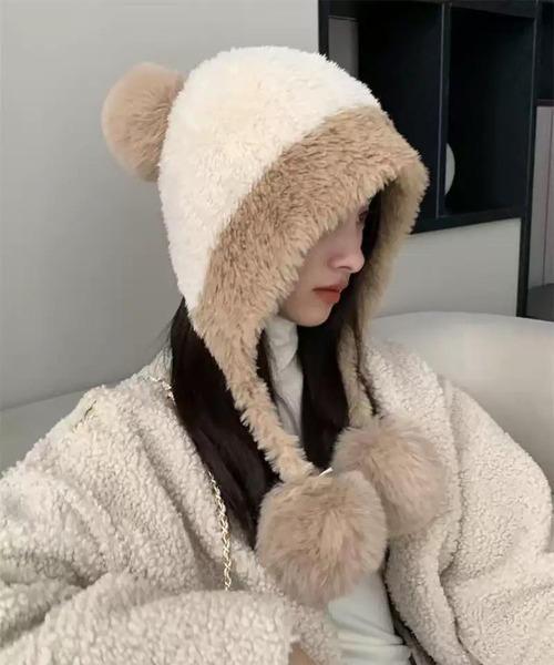 VIBGYOR（ヴィブジョー）の「【EIZZ/アイズ】もこもこポンポン イヤーフラップ フェイクファー キャップ（ニットキャップ/ビーニー・レディース・グレー/オフホワイト/ブラック/ブラウン/ベージュ・FREE）」の10枚目の写真