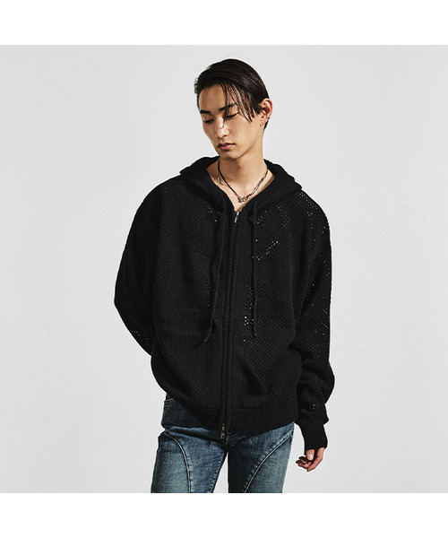 LMOOD(エルムード)の「クラフトグラフィックスカシフードパーカーニットジップアップ (2 COLOR)(カーディガン/ボレロ・メンズ・ベージュ/ブラック・46/48/44)」の1枚目の写真