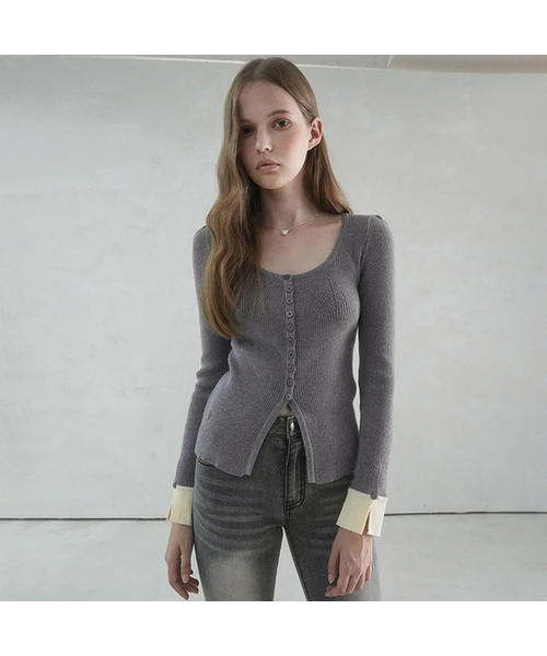 Vivacious(ビバシャス)の「Andy Square-neck Button Cardigan - 5COL(カーディガン/ボレロ・レディース・ブラック/グレー/ピンク/アイボリー/ミント・FREE)」の1枚目の写真
